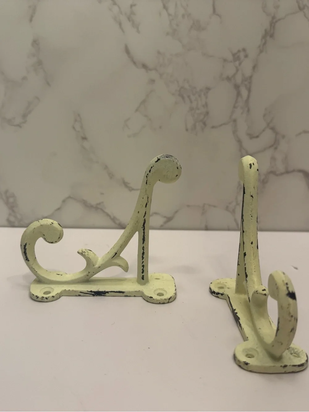 Rustic double-prong off white cast iron wall hooks distressed set of 2
